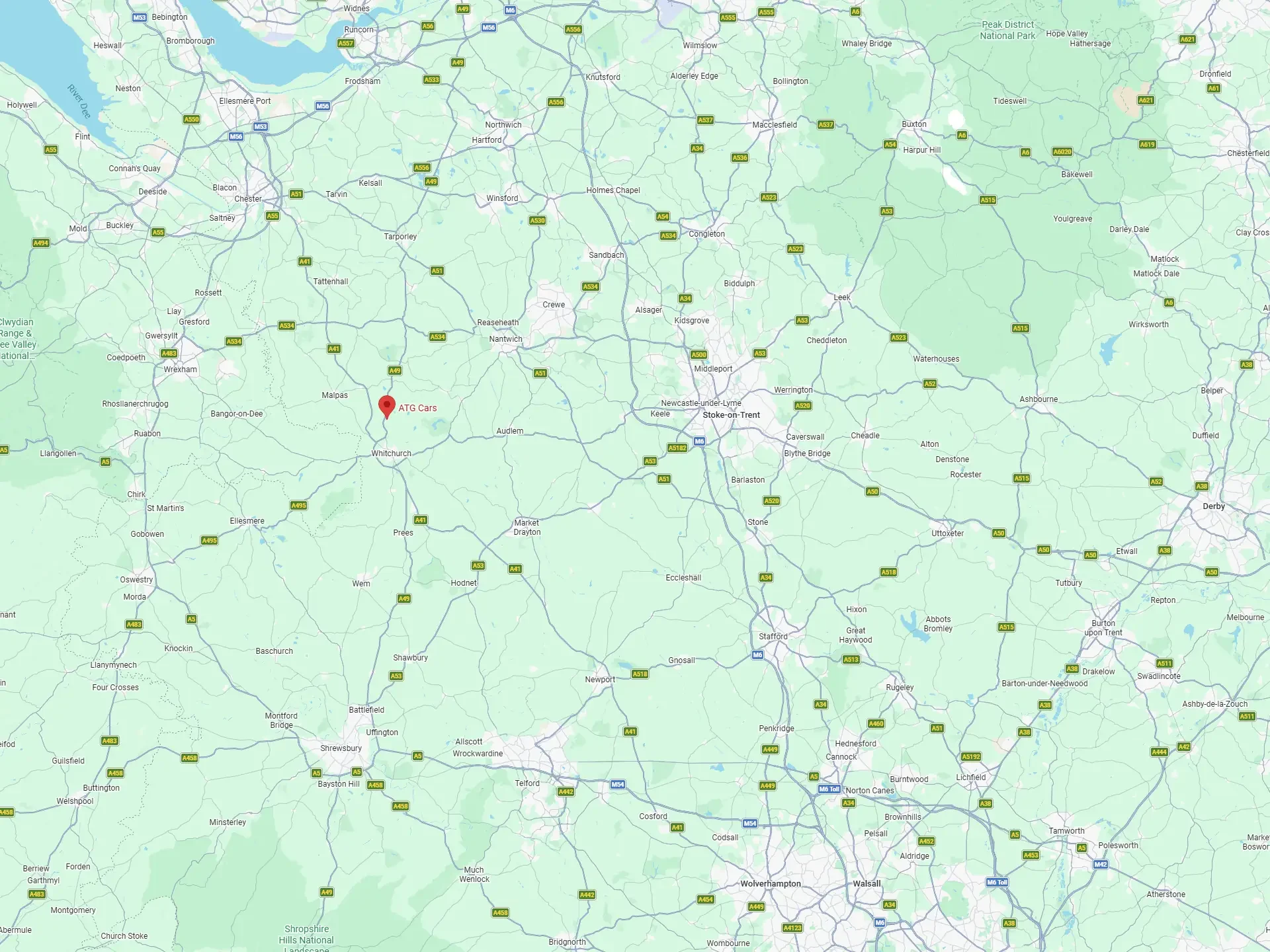 Map of the ATG Cars service area around Whitchurch